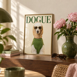Fashion Poodle Wall Art, a small A4 framed print leaning on a walnut shelf in a living room