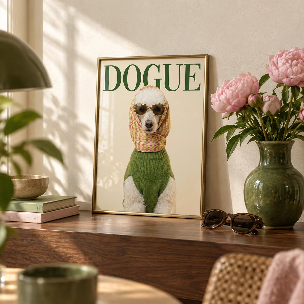 Fashion Poodle Wall Art, a small A4 framed print leaning on a walnut shelf in a living room