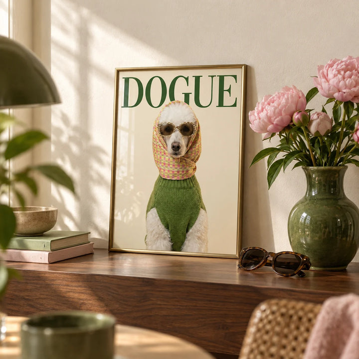 Fashion Poodle Wall Art, a small A4 framed print leaning on a walnut shelf in a living room