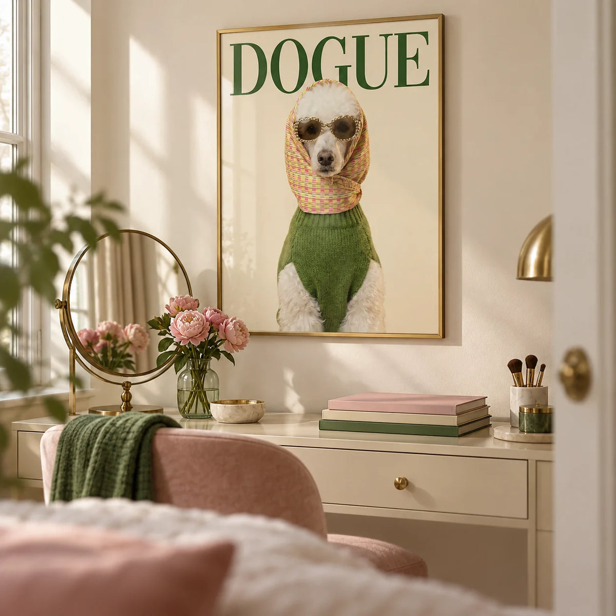 Fashion Poodle Wall Art, framed on the wall of a stylish dressing area in a bedroom with a soft cream wall