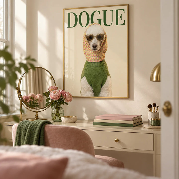 Fashion Poodle Wall Art, framed on the wall of a stylish dressing area in a bedroom with a soft cream wall