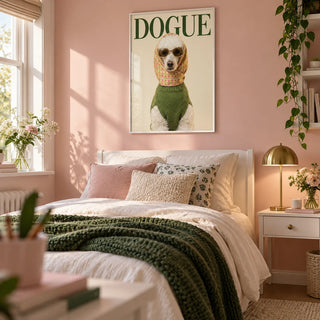 Fashion Poodle Wall Art, framed on the wall of a stylish single bedroom for a teen girl (13-17) with a blush pink wall