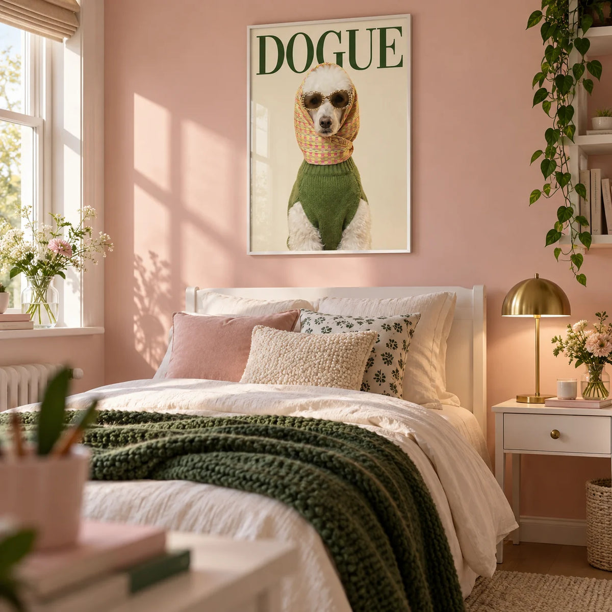 Fashion Poodle Wall Art, framed on the wall of a stylish single bedroom for a teen girl (13-17) with a blush pink wall