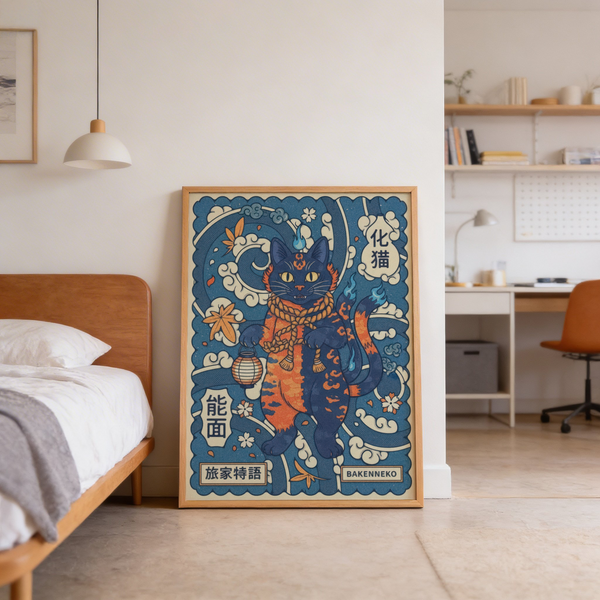 Bakeneko Wall Art print in Blue and Orange with folklore symbolism