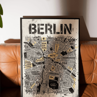 Minimal city map poster of Berlin with neighborhood blocks and symbols