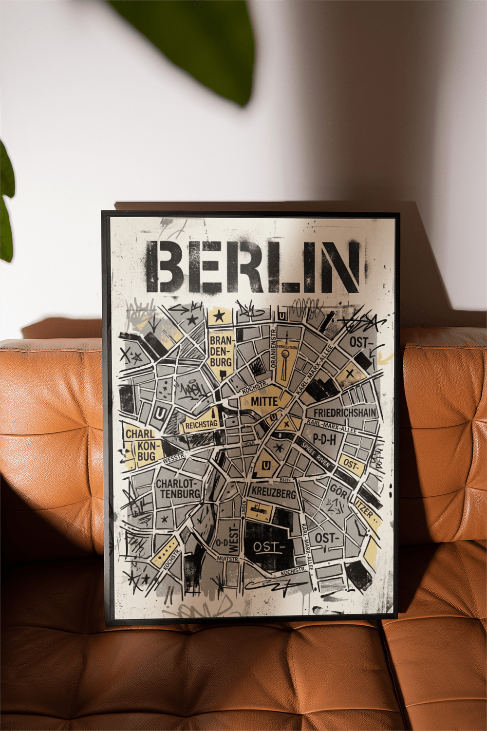 Minimal city map poster of Berlin with neighborhood blocks and symbols