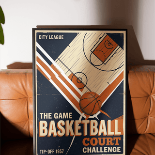 City league basketball wall art print with distressed texture and court layout
