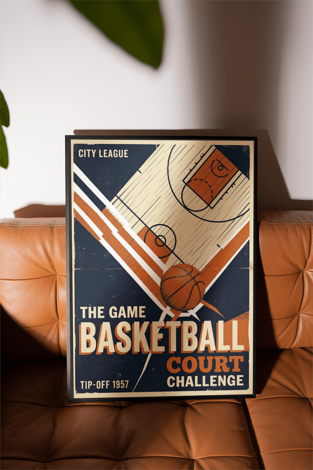 City league basketball wall art print with distressed texture and court layout