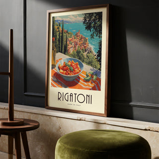 Mediterranean view with pasta artwork showing rigatoni and sea in the background.
