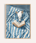 Dog Reading Print in Blue, White, Beige for living room wall art