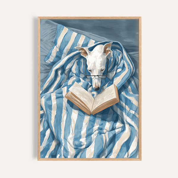 Dog Reading Print in Blue, White, Beige for living room wall art