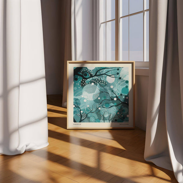 Abstract teal moonlight print with dotted nature elements