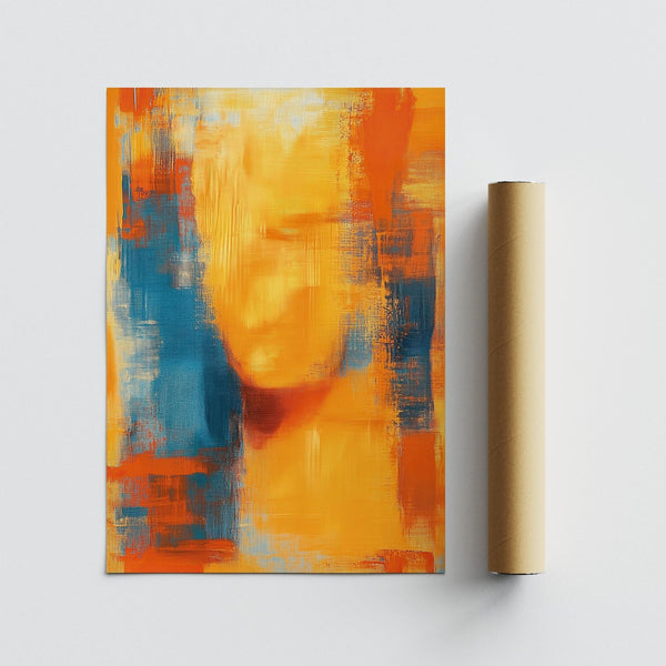 Blue and orange abstract art featuring layered textures and warm vibrant light.