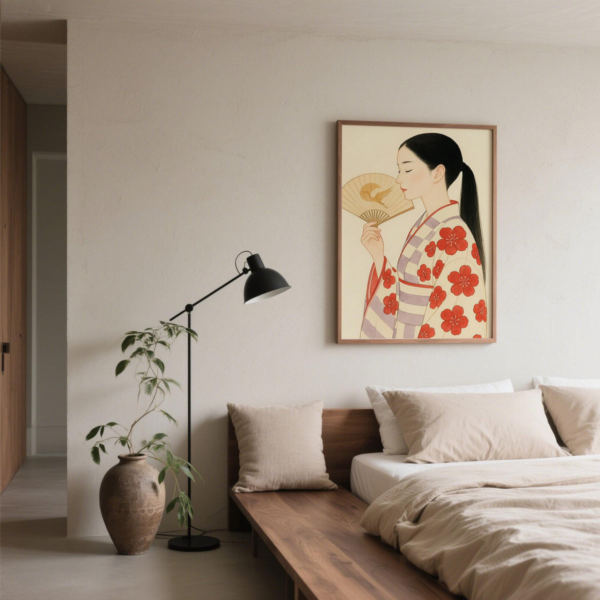 Fan-holding woman in traditional Japanese clothing, a soft Modern Japanese Art print.