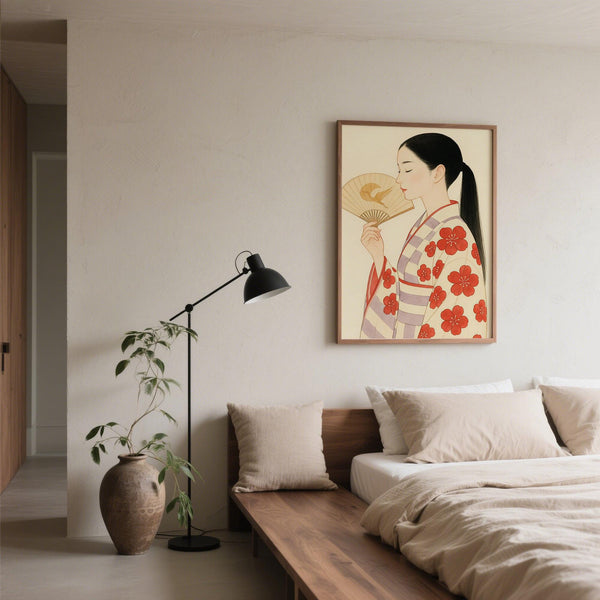 Fan-holding woman in traditional Japanese clothing, a soft Modern Japanese Art print.