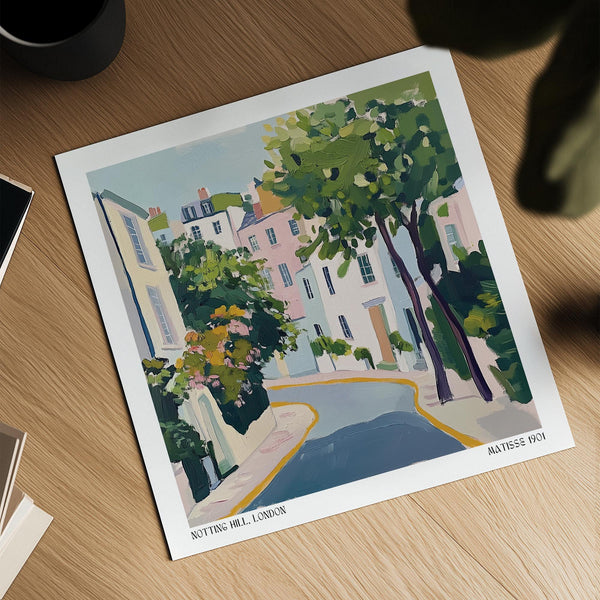 Painterly Notting Hill Poster with warm spring light and foliage.