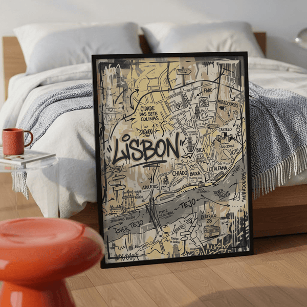 Travel-inspired Lisbon map wall art featuring district names and route lines