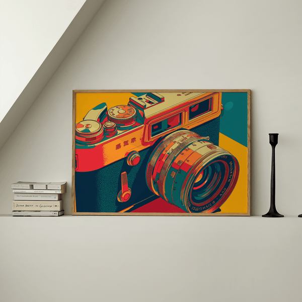 Retro-inspired Vintage Camera Wall Art in vibrant Blue and Red for hallway wall art