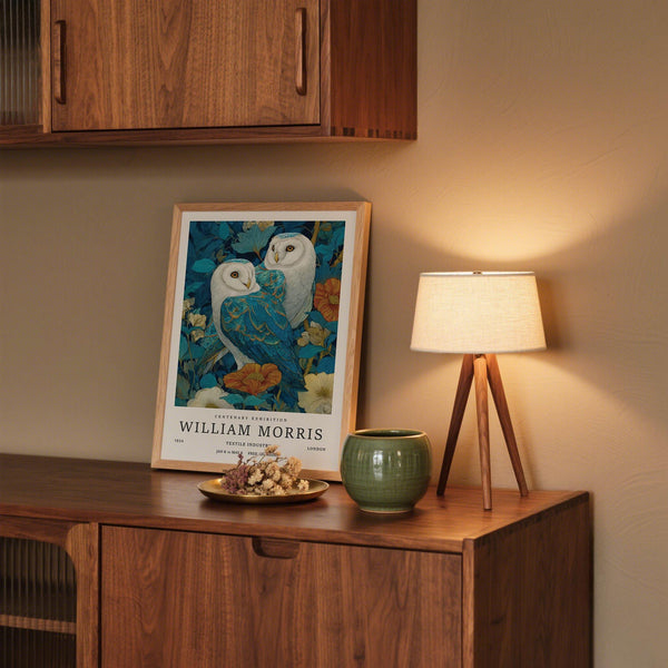 Detailed William Morris owl duo surrounded by stylized plants – Wall Art Unique.