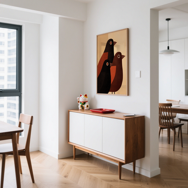 Geometric bird poster featuring layered silhouettes and circular eye motifs