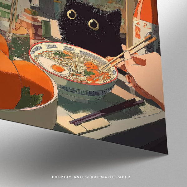 Ramen bowl close-up with cat in background in ramen wall art composition.