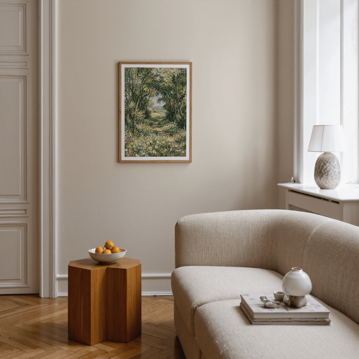 Impressionist Art Print showcasing woodland in green and beige for bedroom decor
