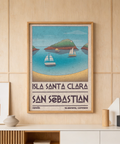 Vintage travel print poster showing sailboats on calm water with island shoreline and large destination lettering