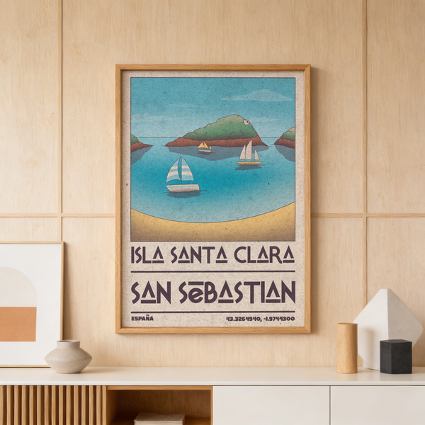 Vintage travel print poster showing sailboats on calm water with island shoreline and large destination lettering