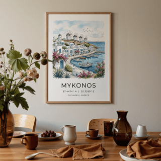 Curved waterfront wall art print with boats moored beside steps and terraces