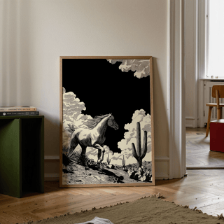 Detailed line art of a horse in motion against negative space sky