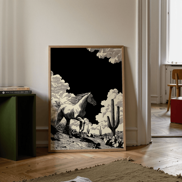 Detailed line art of a horse in motion against negative space sky