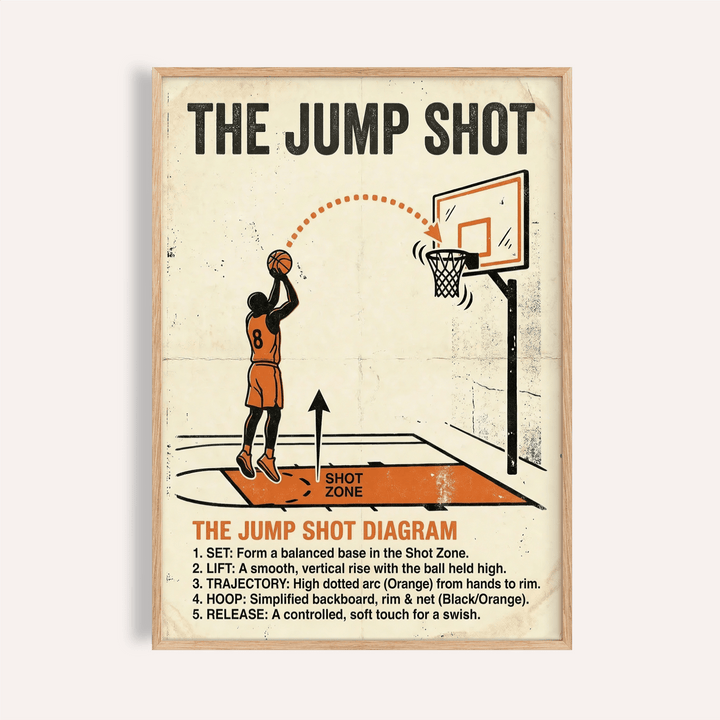 Overview of Jump Shot Diagram Print poster with basketball shooter silhouette, dotted shot arc, and instruction text