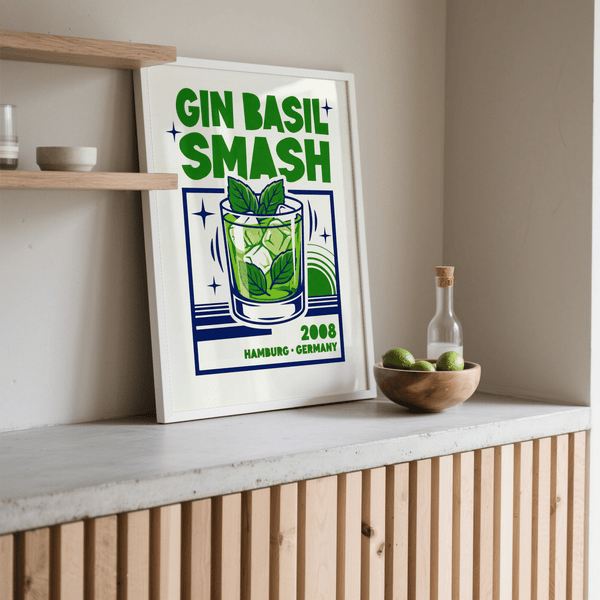 Dining area Gin Basil Smash Poster in Green and Blue, modern wall poster