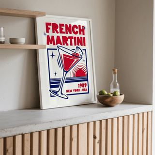 French Martini Art Print, Blue and Red shades for gallery wall accent