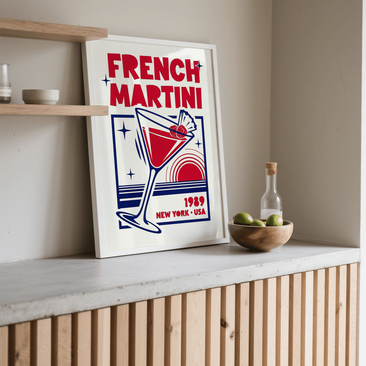 French Martini Art Print, Blue and Red shades for gallery wall accent