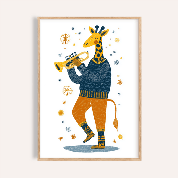Giraffe Music Art Print in multicolored tones for nursery wall art