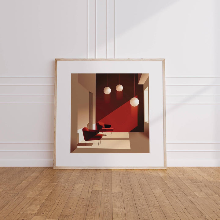 Art for Office Walls print leaning on floor with mid-century interior illustration in warm tones