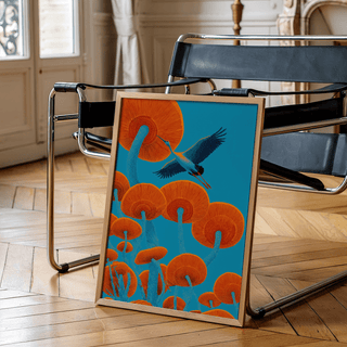 Japandi Bird Print in Blue and Red hues, ideal for bedroom decor poster