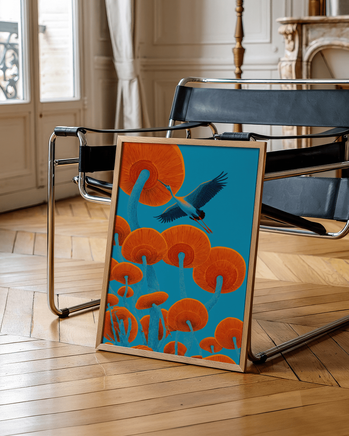 Japandi Bird Print in Blue and Red hues, ideal for bedroom decor poster