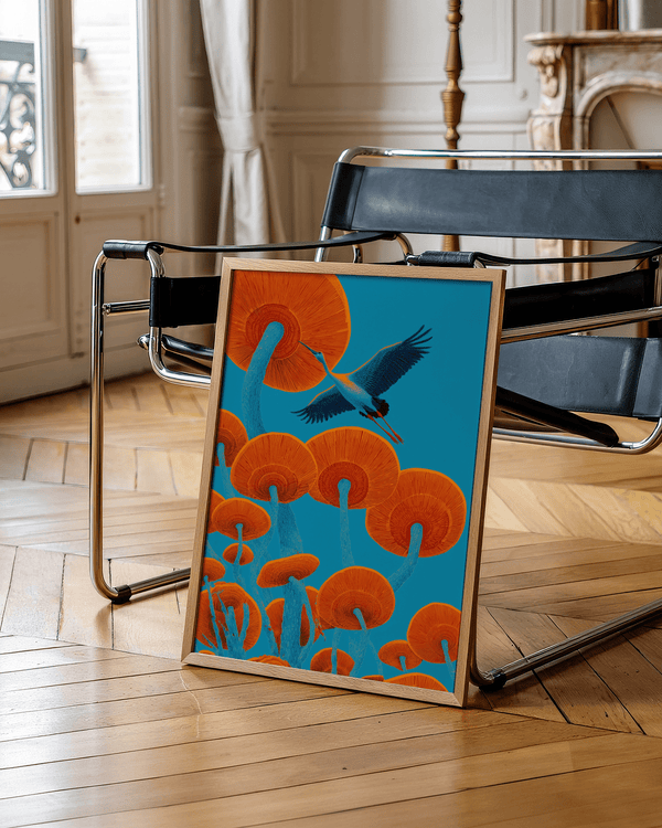 Japandi Bird Print in Blue and Red hues, ideal for bedroom decor poster