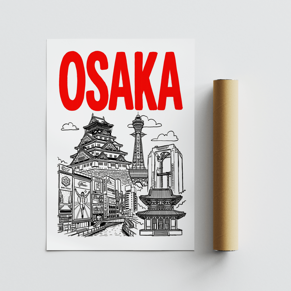 Travel-themed wall art of Osaka skyline with castle and observation tower