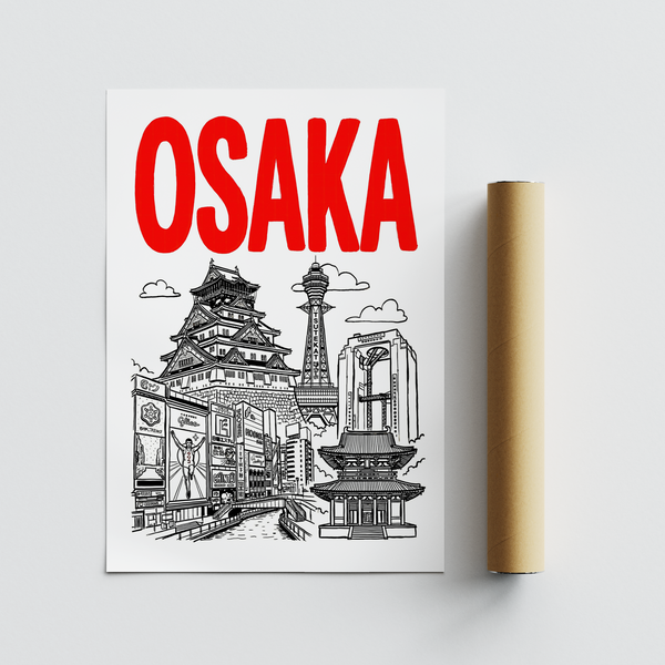 Travel-themed wall art of Osaka skyline with castle and observation tower