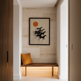 Orange sun disk balancing black horse forms in contemporary poster