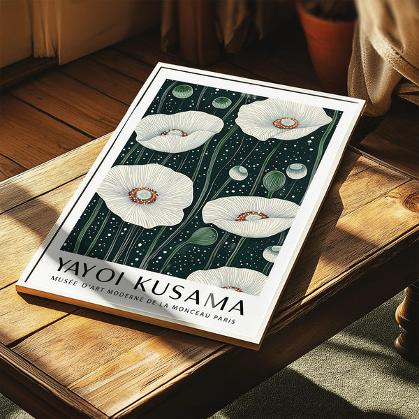 White poppies in Poppy Wall Art style with green stems and dotted accents.