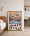 Graphic travel poster of Sevilla with large arch silhouette and water inlet