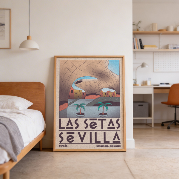 Graphic travel poster of Sevilla with large arch silhouette and water inlet