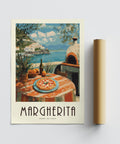 Bright vintage Italian food prints featuring pizza with basil and mozzarella.