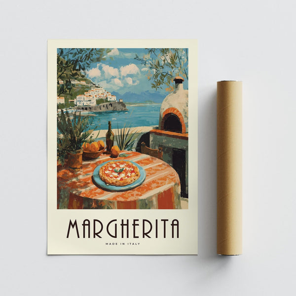 Bright vintage Italian food prints featuring pizza with basil and mozzarella.