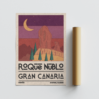Rendered scenic wall art print with geometric trees in the foreground and moon