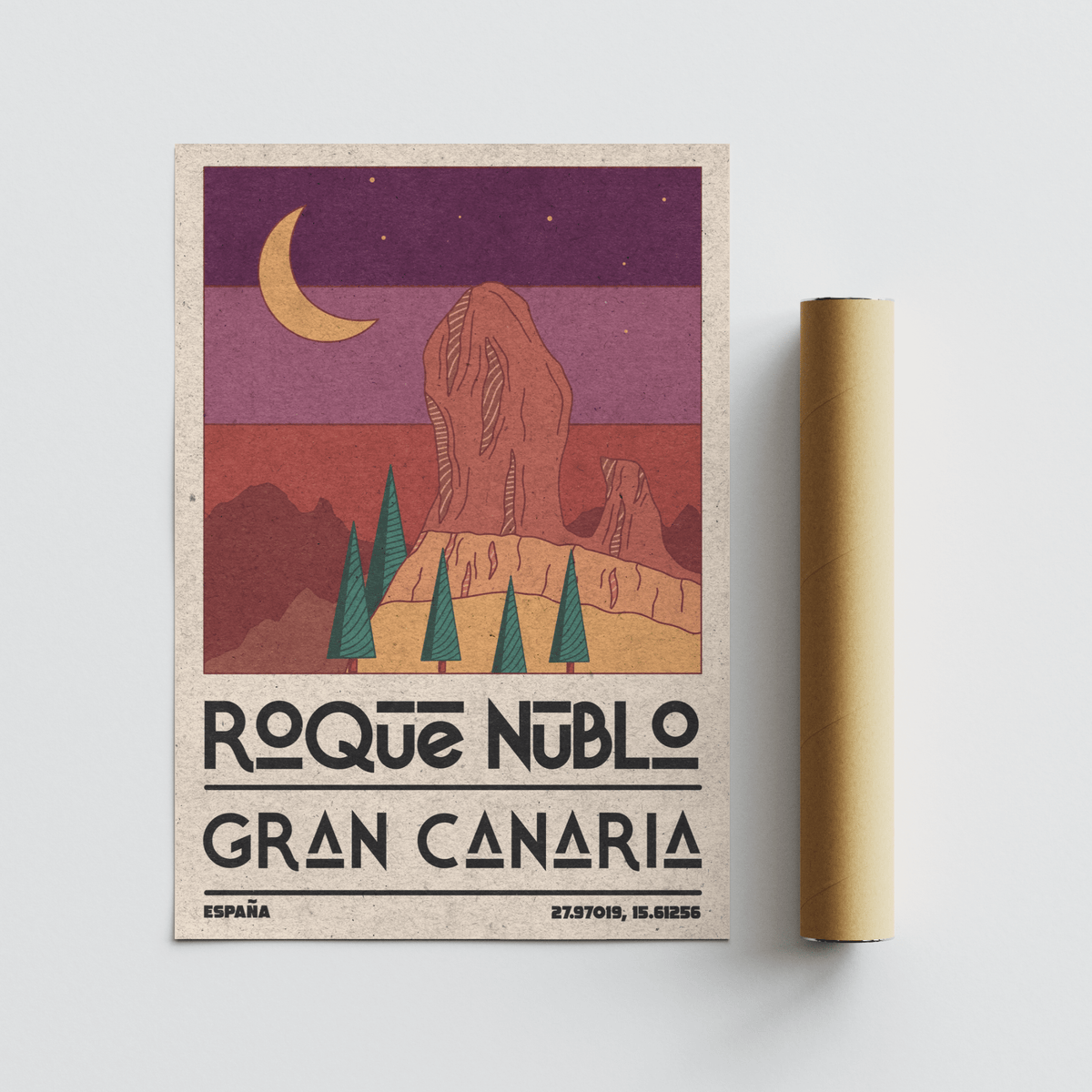 Rendered scenic wall art print with geometric trees in the foreground and moon